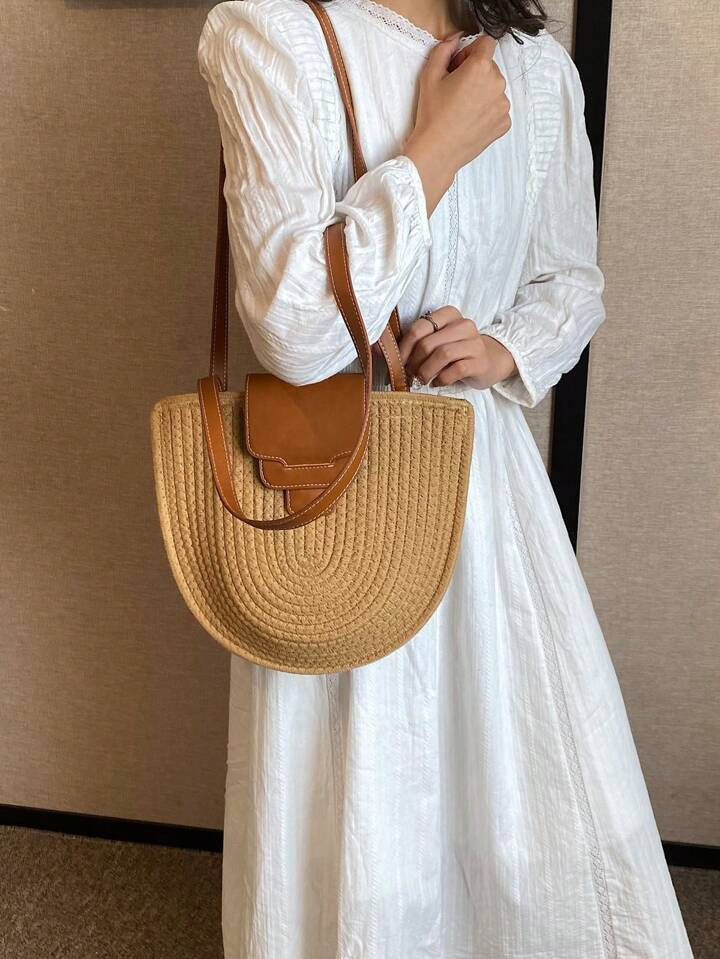 Vintage Retro Style Fashionable Casual Business Beach Bag Woven Straw Bag Summer Color-Blocking W... | SHEIN