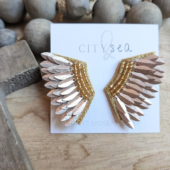 Light Gold Sequin Wing Earrings - City and Sea Designs - Lightweight Wing Earrings - Statement Ea... | Etsy (US)