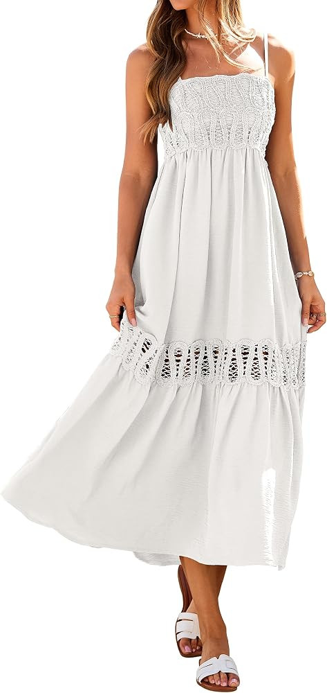 Glamaker Women's Summer Crochet Lace Maxi Dress 2026 Spaghetti Strap Smocked Flowy Beach Vacation... | Amazon (US)