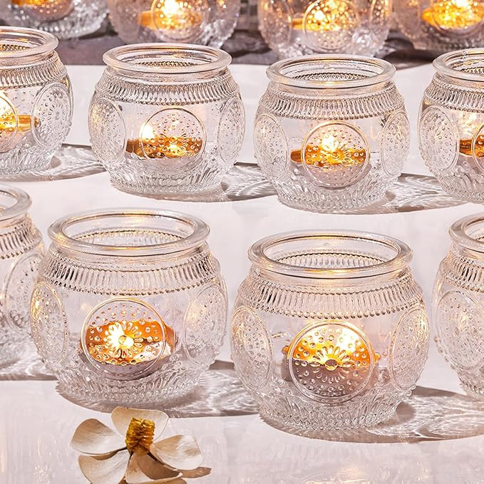 48 Pcs Clear Tea Lights Candle Holders- Glass Votive Candle Holders for Tealights | Flameless Tea... | Amazon (US)