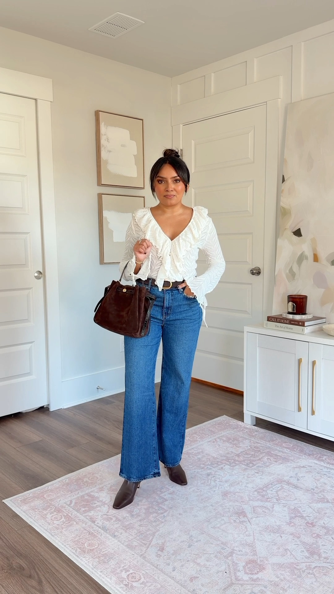 White ruffle top size xs petite TTS
Jeans size 26 petite TTS
Dark brown leather boots size xs TTS

#LTKHoliday #LTKPetite #LTKGiftGuide