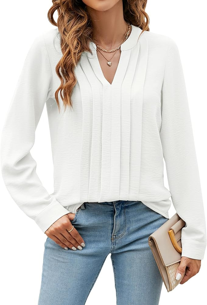 Blooming Jelly Women's Dressy Casual Blouses Business Work Tops Long Sleeve V Neck Pleated Shirts... | Amazon (US)