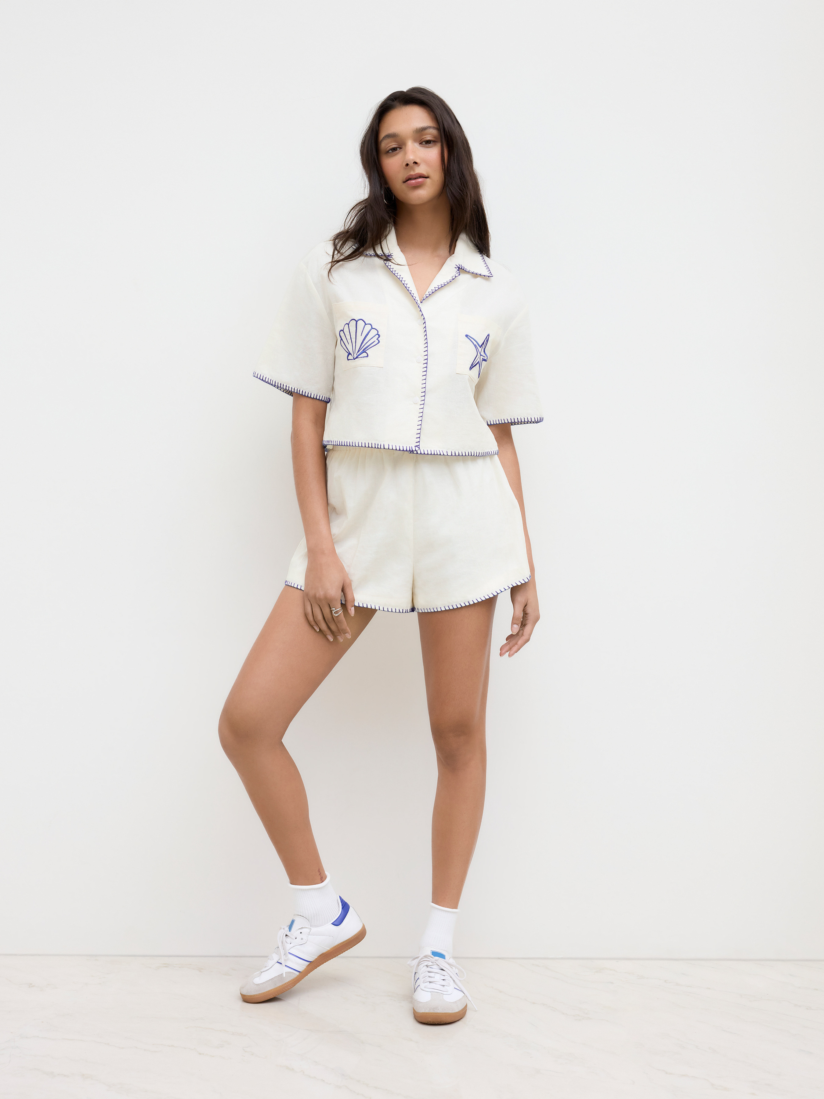 Linen-blend Linen-blend Graphic Contrasting Binding Oversized Top With Straight Leg Shorts For Da... | Cider