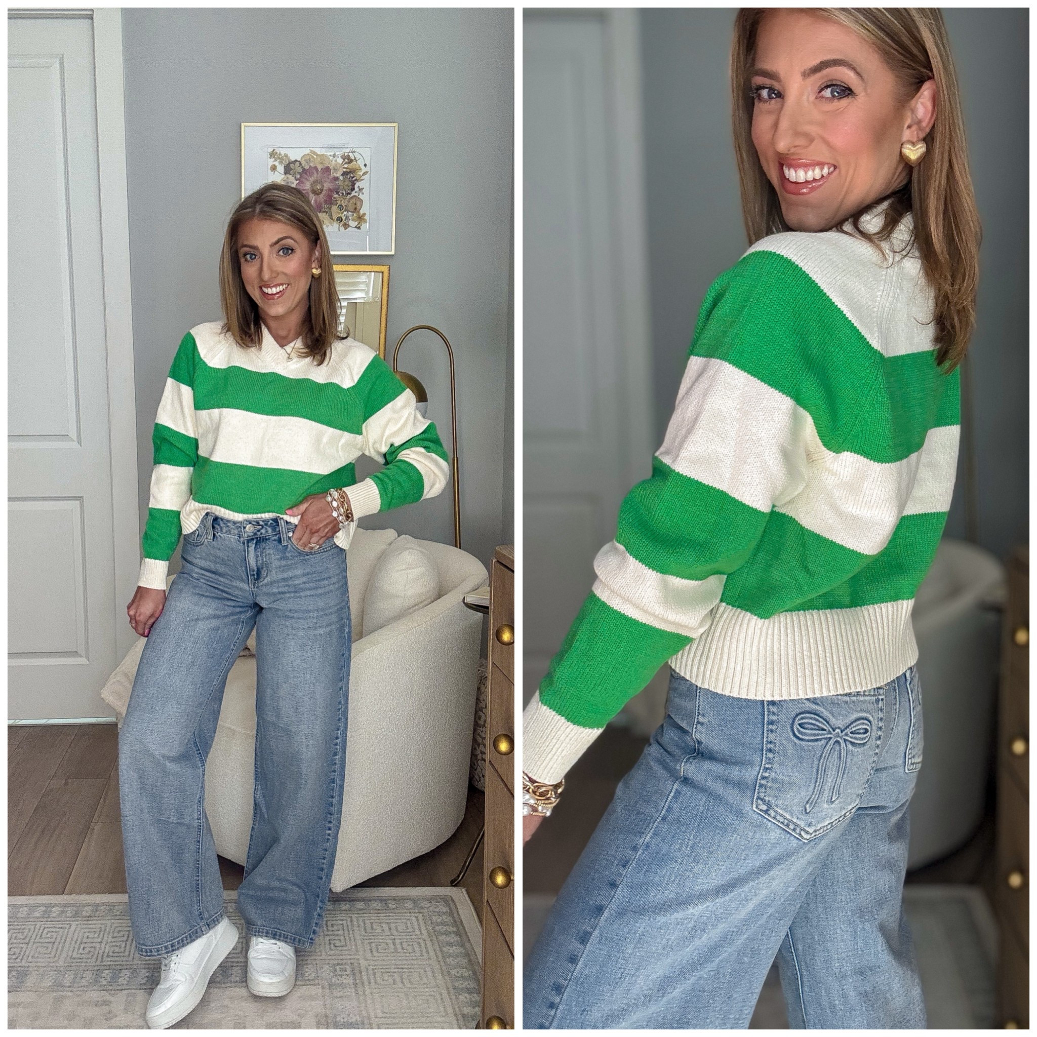 Obsessed with this new Target sweater and bow jeans combo 💚
This striped Target sweater is so soft and comfortable with the perfect relaxed fit — easy to half-tuck or wear loose, and great for everyday styling. The bold green stripes add such a fun pop while still feeling classic and wearable.

The real star though? These Target bow detail jeans 🎀 The embroidered bow on the back pocket is the cutest little surprise detail and makes a simple denim outfit feel extra special. They’re flattering, comfortable, and easy to style with sneakers, flats, or sandals for everyday wear.

This outfit is perfect for school drop-off, errands, casual weekends, or lunch with friends — effortless, comfortable, and still cute. Target is truly nailing the playful details lately 💚

#targetstyle #targetfinds #targetfashion #ootd #outfitoftheday #bowjeans #stripedsweater #denimstyle #casualoutfit #everydayfashion #affordablefashion #momstyle #springstyle #weekendoutfit #sneakerstyle
