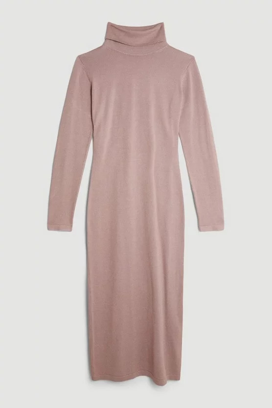 Viscose Blend Knit Roll Neck Midi Dress | Karen Millen | Karen Millen UK + IE + DE + NL