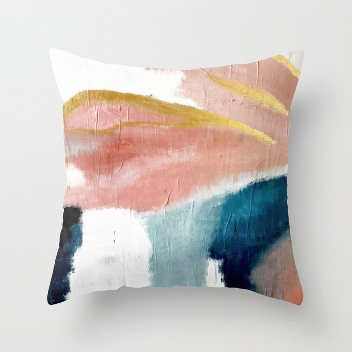Exhale: a pretty, minimal, acrylic piece in pinks, blues, and gold Throw Pillow by Alyssa Hamilto... | Society6