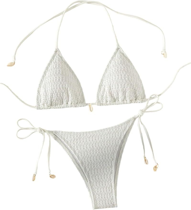 SHENHE Women's 2 Piece Halter Triangle Tie Side Bikini Set Swimsuit Knot Bathing Suit | Amazon (US)