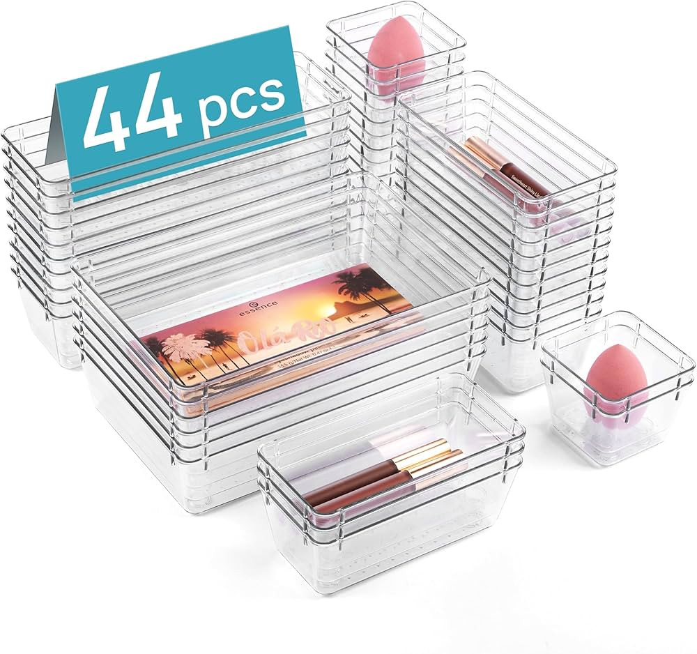 Vtopmart 44 PCS Clear Plastic Drawer Organizers Set, 4-Size Versatile Bathroom and Vanity Organizer Trays, Non-Slip Storage Containers for Makeup, Jewelries, Bedroom，Kitchen Utensils and Office | Amazon (US)