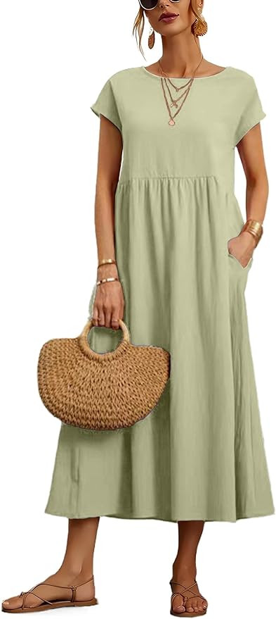 Dresses for Women 2024 Casual Summer Cotton Dress with Pockets Short Sleeve Shirt Midi Long Dress | Amazon (US)