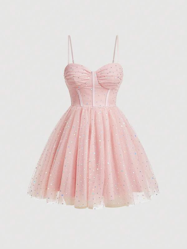 SHEIN MOD Contrast Sequin Mesh Cami Dress | SHEIN