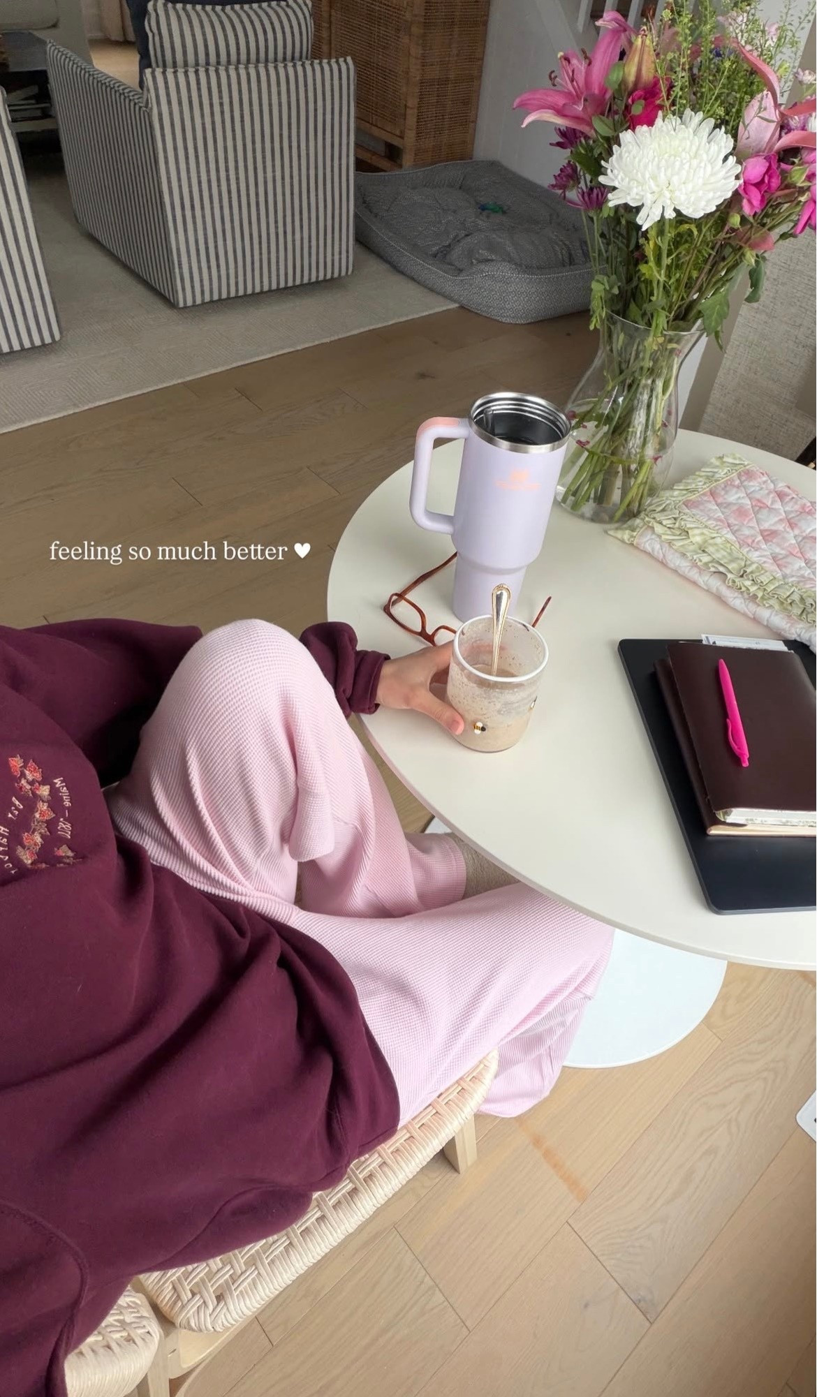 [2/19/26] feeling so much better 🤍 starting my day off with a cute loungewear outfit and a yummy smoothie! 

#LTKfoodie #LTKmorningroutine #LTKootd