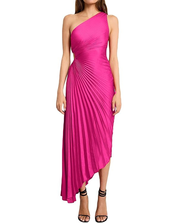 Molisry Women Satin One Shoulder Maxi Dress 2023 Summer Sexy Pleated Sleeveless Side Hollow Out P... | Amazon (US)