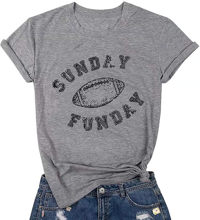JEALLY Sunday Funday Letters Print T Shirt Women Football Shirts Casual Short Sleeve Top Tees | Amazon (US)