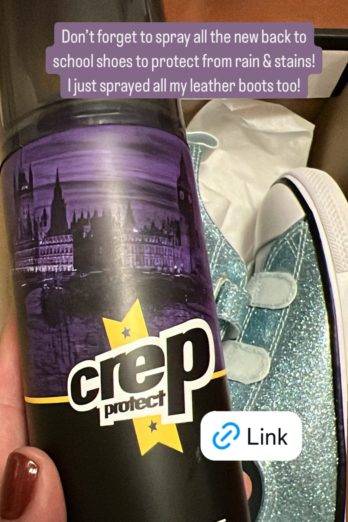 Don’t forget to spray all the new back to school shoes to protect from rain & stains!
I just sprayed all my leather boots too!