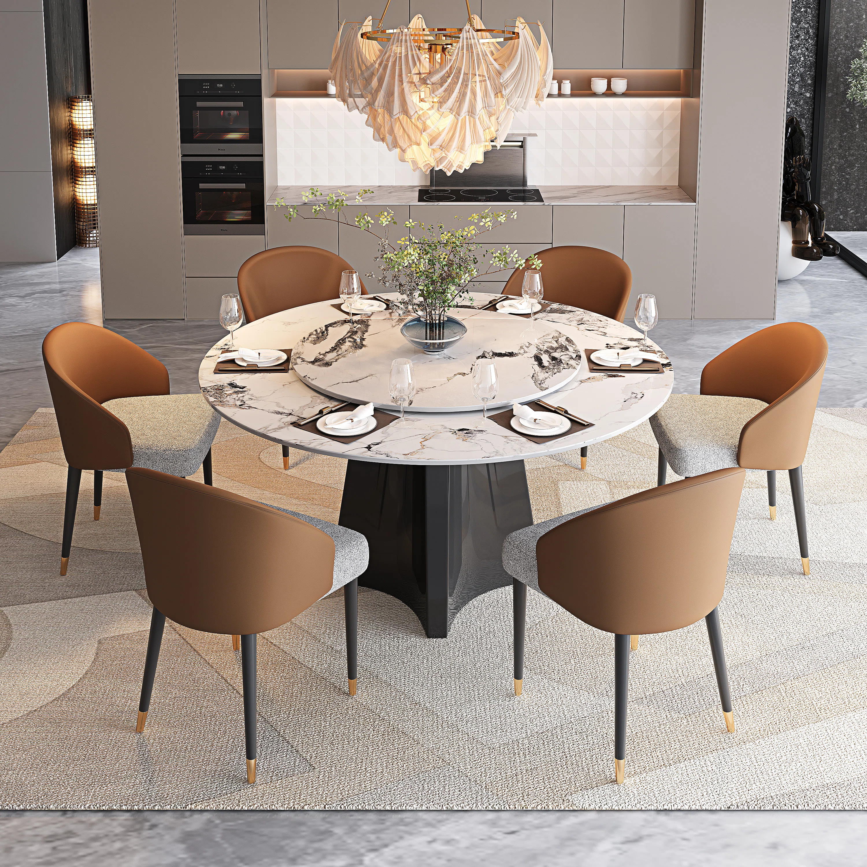 Dining Table Set For 6 Person, 51'' Round Faux Marble Table Top With Lazy Susan And Dining Chairs | Wayfair North America
