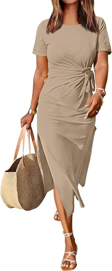 ANRABESS Women’s 2024 Summer Short Sleeve Crewneck T Shirt Maxi Dress Tie Waist Casual Slim Fit... | Amazon (US)