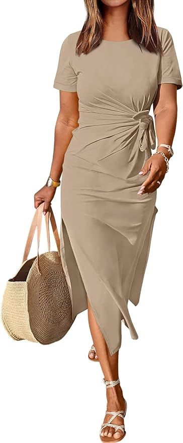 ANRABESS Women’s 2024 Summer Short Sleeve Crewneck T Shirt Maxi Dress Tie Waist Casual Slim Fit... | Amazon (US)