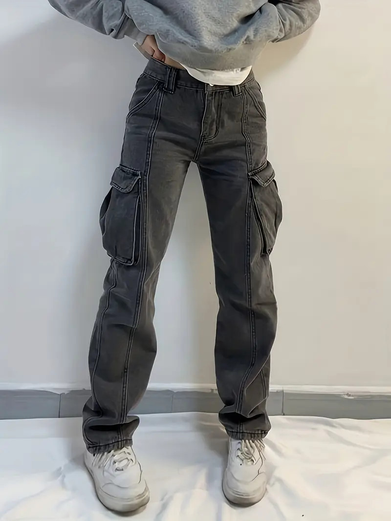 Grey Flap Pockets Cargo Pants Loose Fit Non stretch Y2k Kpop - Temu | Temu Affiliate Program