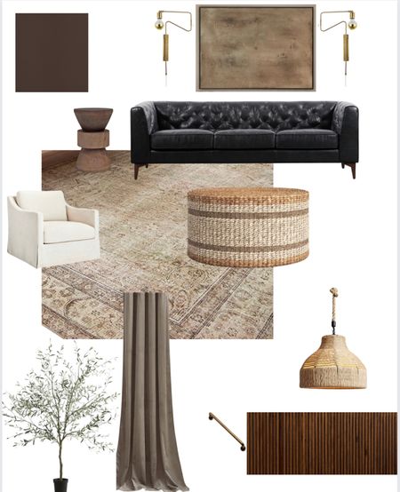 Transitional living room design. Poly & Bark black leather sofa. Affordable Amazon fixtures- boho jute pendant, brass sconces, and brass fluted cabinet hardware all from Amazon. Woven coffee table. Target accent chair. Loloi neutral vintage area rug. 

#LTKunder100 #LTKhome #LTKSeasonal