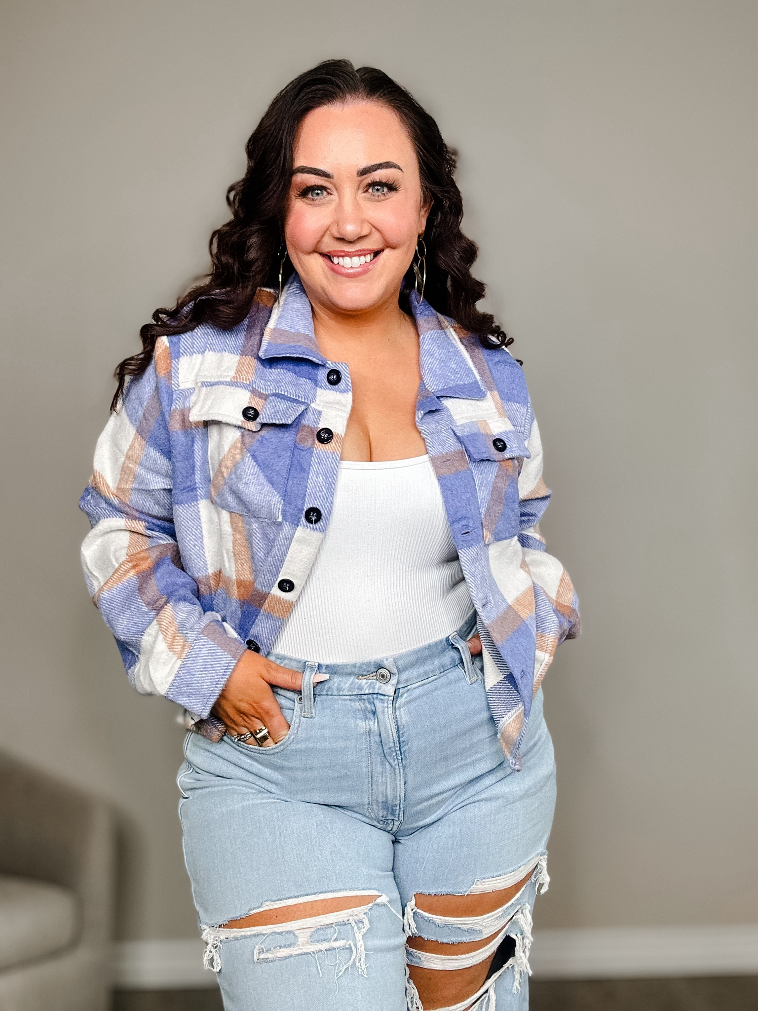 Fall cropped Shacket fit 
Jacket XL
Bodysuit Large 
Jeans size 14 curvy regular 

For reference I am 196lbs and 5’5 

#LTKStyleTip #LTKMidsize #LTKSeasonal