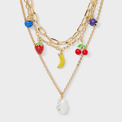 Fruit Charm and Pearl Multi-Strand Necklace - A New Day™ Gold/Red/Yellow | Target