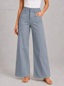 LocalCyscratia Women's High Waisted Striped Flare Jeans, Stretch Wide Leg Denim Pants For Office ... | SHEIN