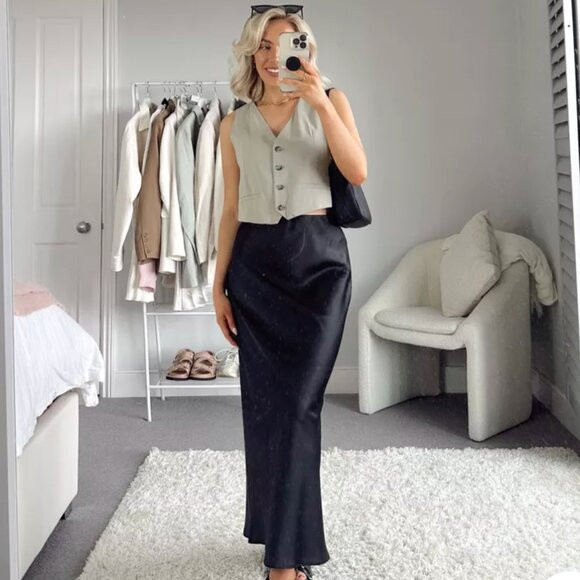 NEW H&M Satin Midi Skirt - Black | Poshmark