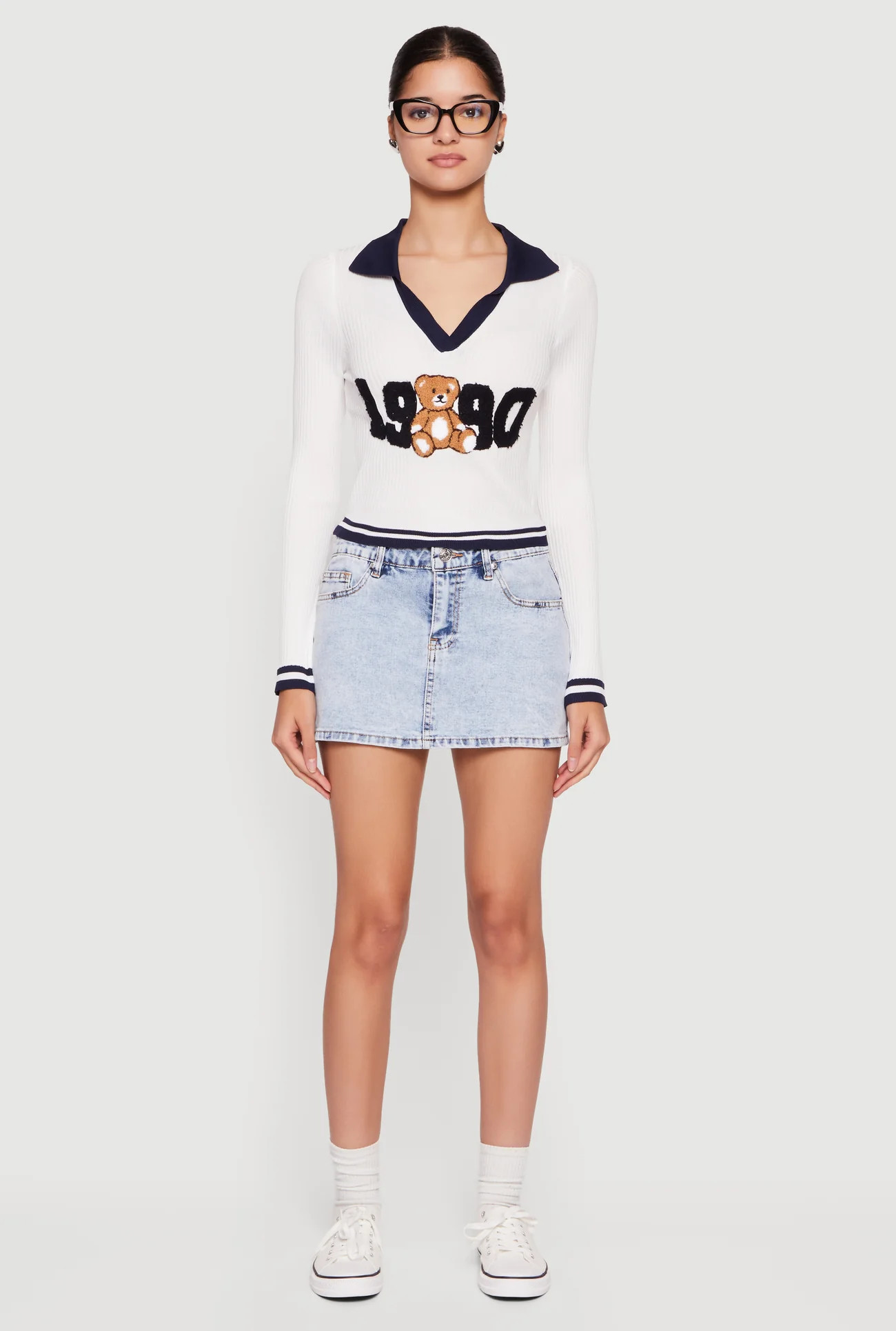 Chenille 1990 Bear Patch Graphic Varsity Stripe Sweater | Rainbow Shops