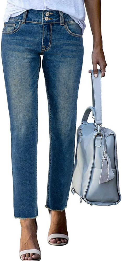 Sidefeel Women's High Waisted Jeans Strechy Fashion Raw Hem Straight Leg Ankle Denim Pants with P... | Amazon (US)