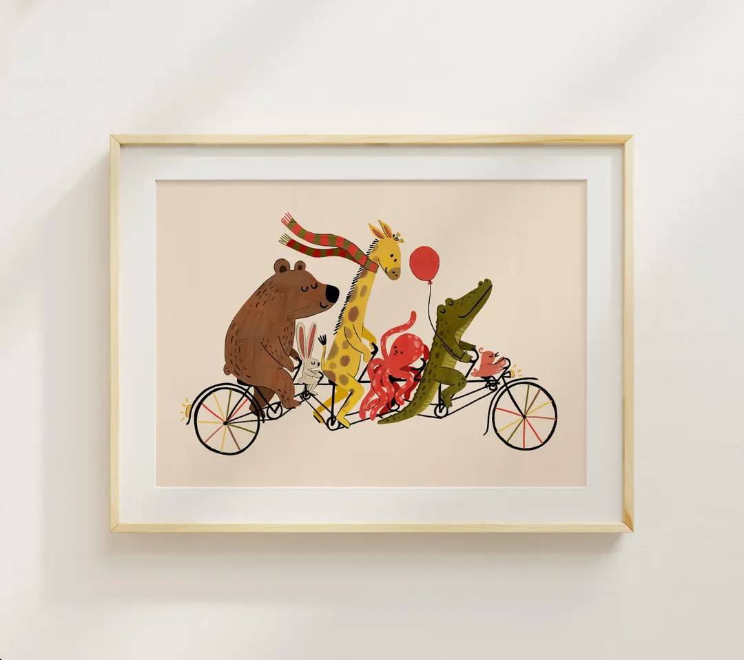 Whimsical Animal Bike Parade Print: Colorful Nursery Wall Art, Montessori Kids Room Deco | Etsy (Global)