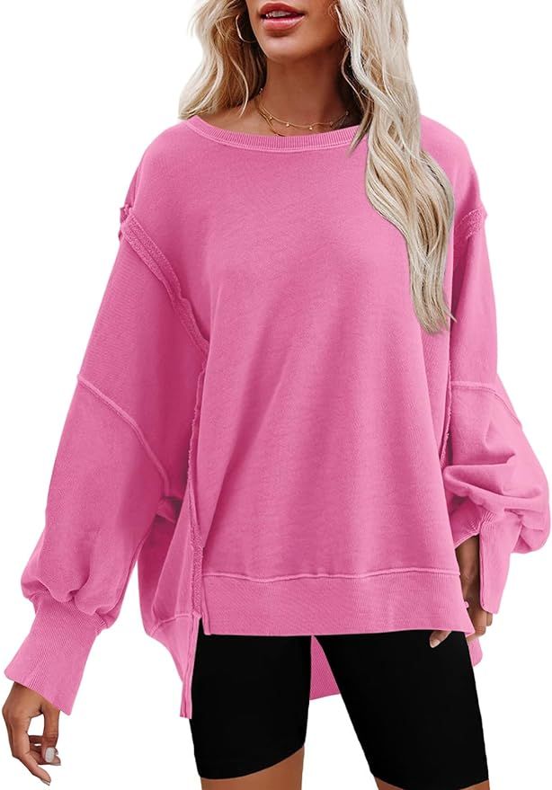 Nirovien Womens Oversized Crewneck Sweatshirt Side Slit Long Sleeve Pullover Slouchy Fit Tops | Amazon (US)