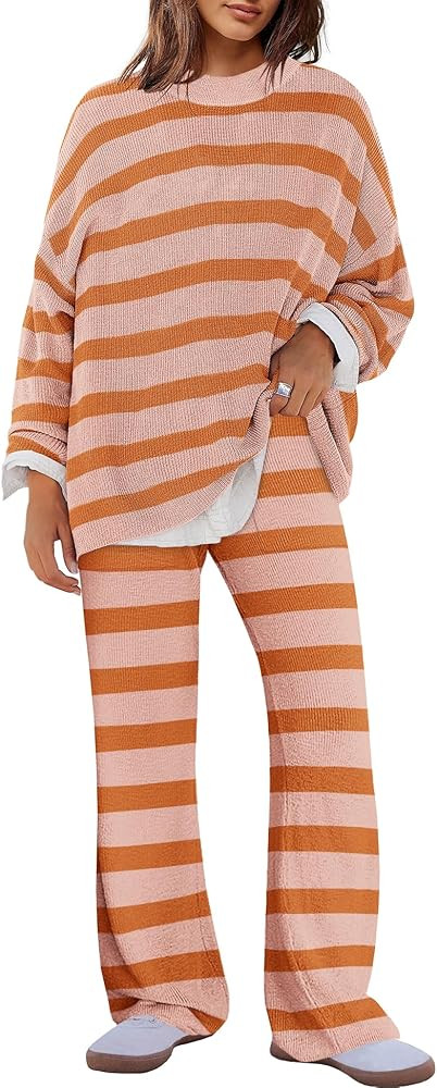 Panadila Womens Oversized Lounge Sets Striped Sweater Set 2 Piece Pajama Set Long Sleeve Top and ... | Amazon (US)