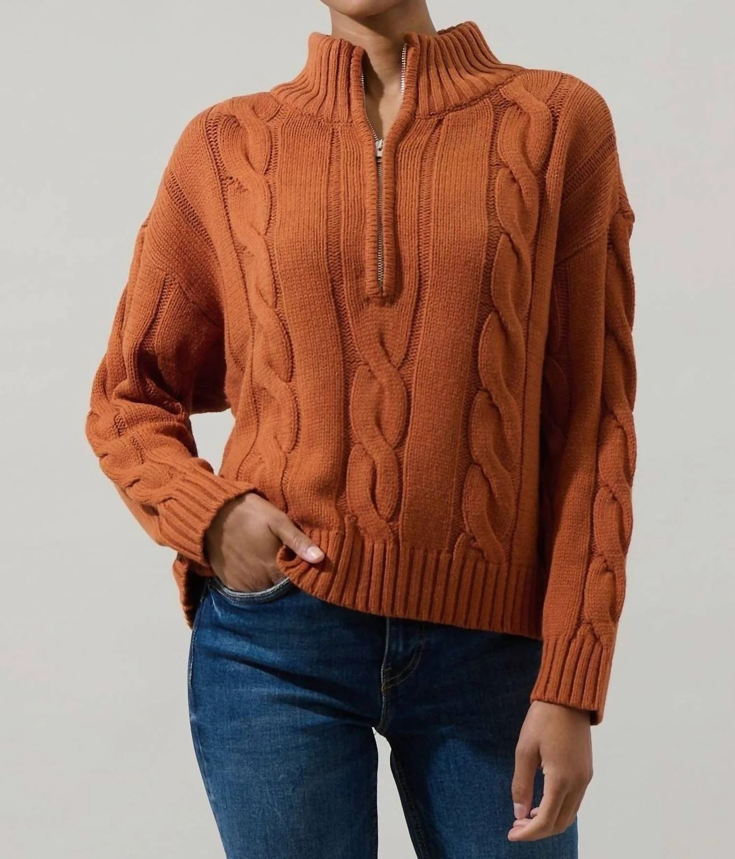 Zip Neck Cable Knit Sweater In Brown | Shop Simon