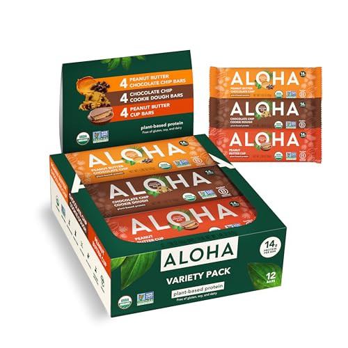 ALOHA Organic Plant Based Protein Bars - 3 Flavor Variety Pack - 12 Count, 1.98oz Bars - Vegan Snacks, Low Sugar, Gluten-Free, Low Carb, Paleo, Non-GMO, Stevia-Free, No Sugar Alcohol Sweeteners | Amazon (US)