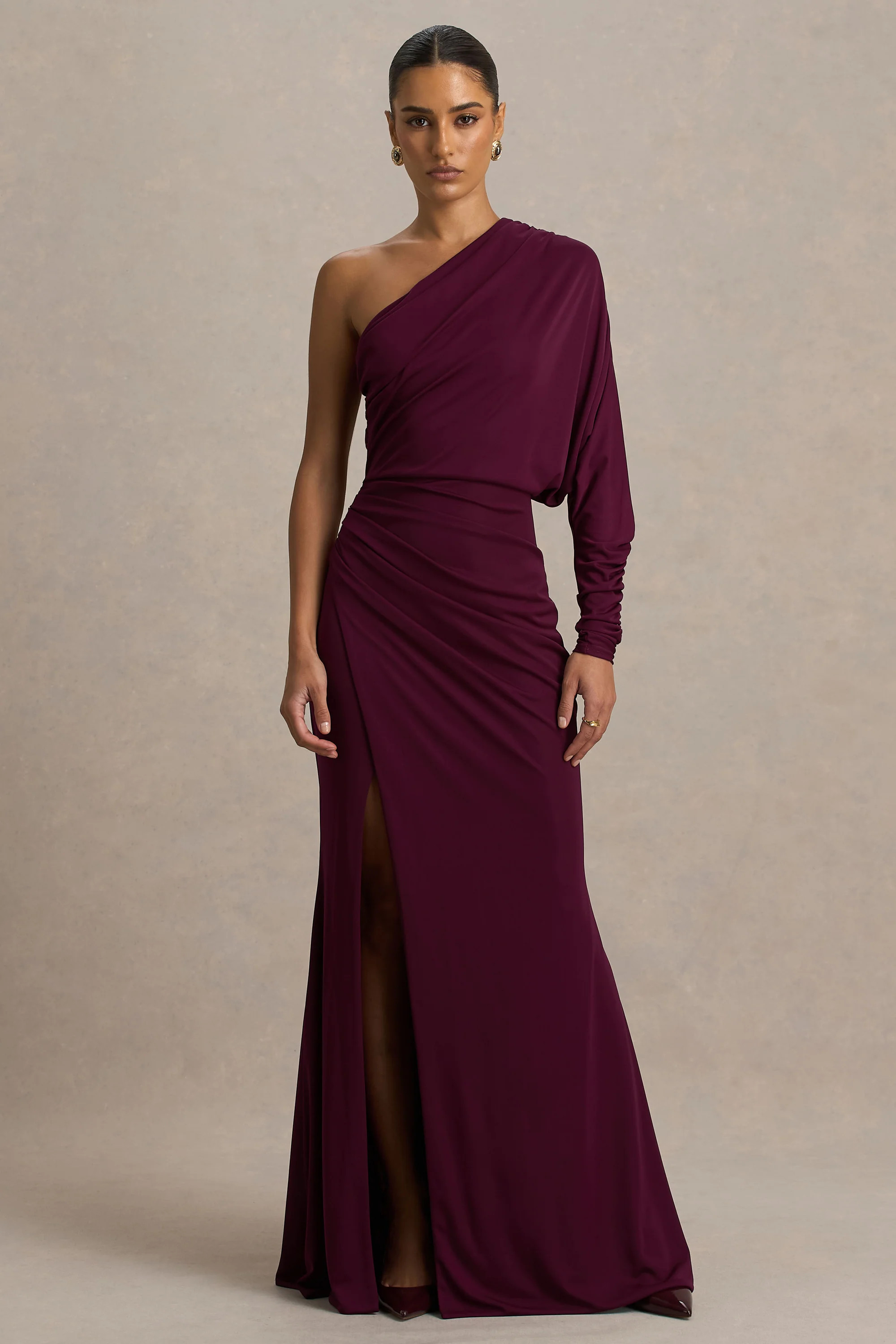 Lola | Burgundy Asymmetric-Neck Maxi Dress With Ruched Detailing And Front High-Split | Club L London