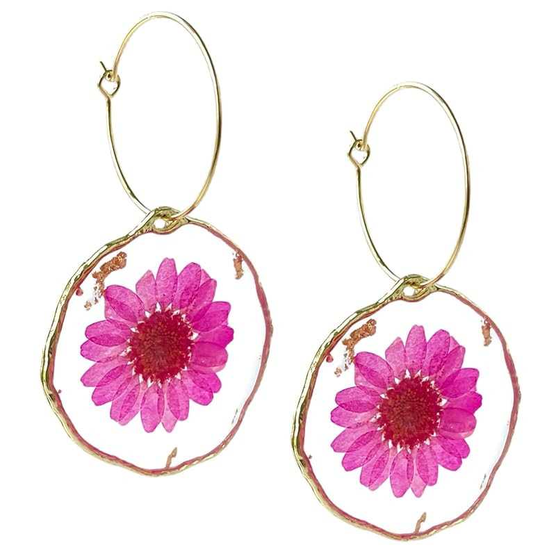 Pressed Flower Earrings, Trendy Pink Daisy Earrings, Handmade Cute Thin Hoop for Women Girls, Wom... | Amazon (US)