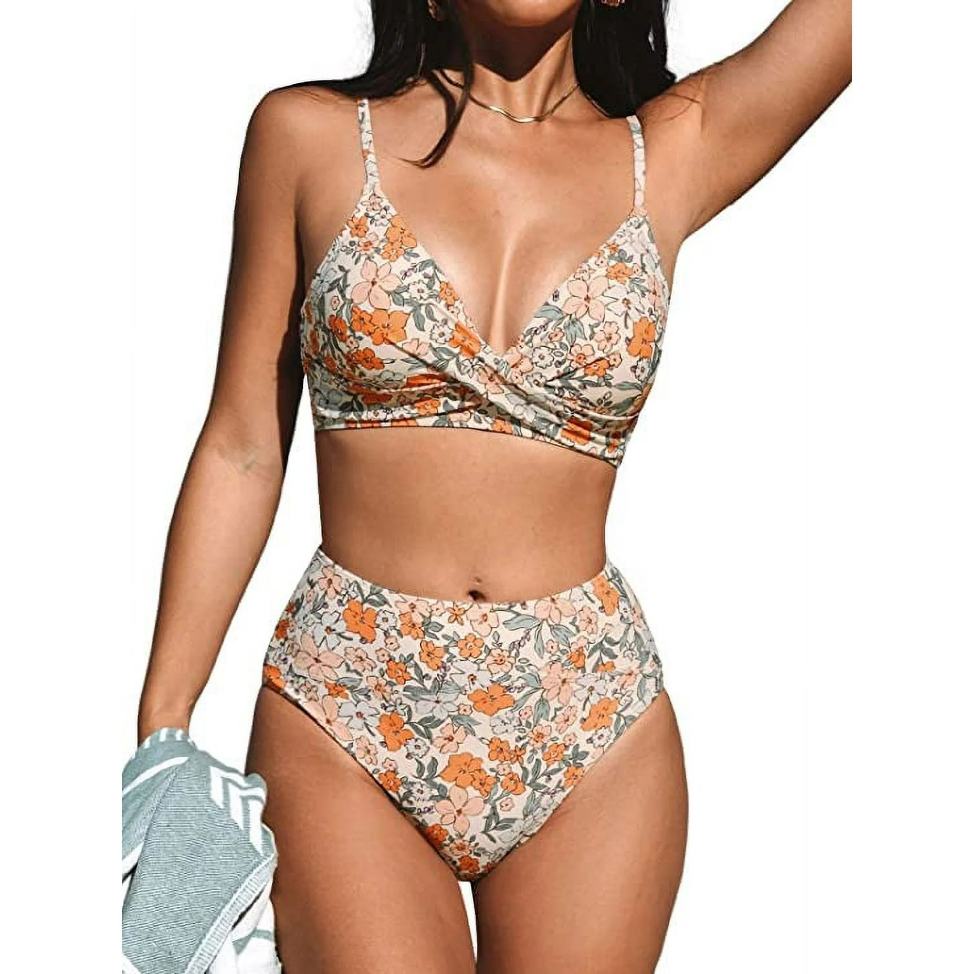 CUPSHE Women's Bikini Sets High Waisted V Neck Twist Front Adjustable Spaghetti Straps Bathing Su... | Walmart (US)