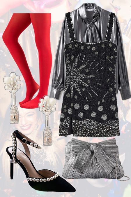 Silver metallic outfit styling for evening, cocktails and parties ! Details include a silver bow clutch, a beaded dress, and festive Pearl earrings with a pop of red 

#LTKHoliday #LTKstyletip