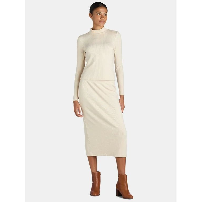 Time and Tru Women's Mock Neck Top and Midi Skirt Set, 2-Piece, Sizes XS-XXXL | Walmart (US)