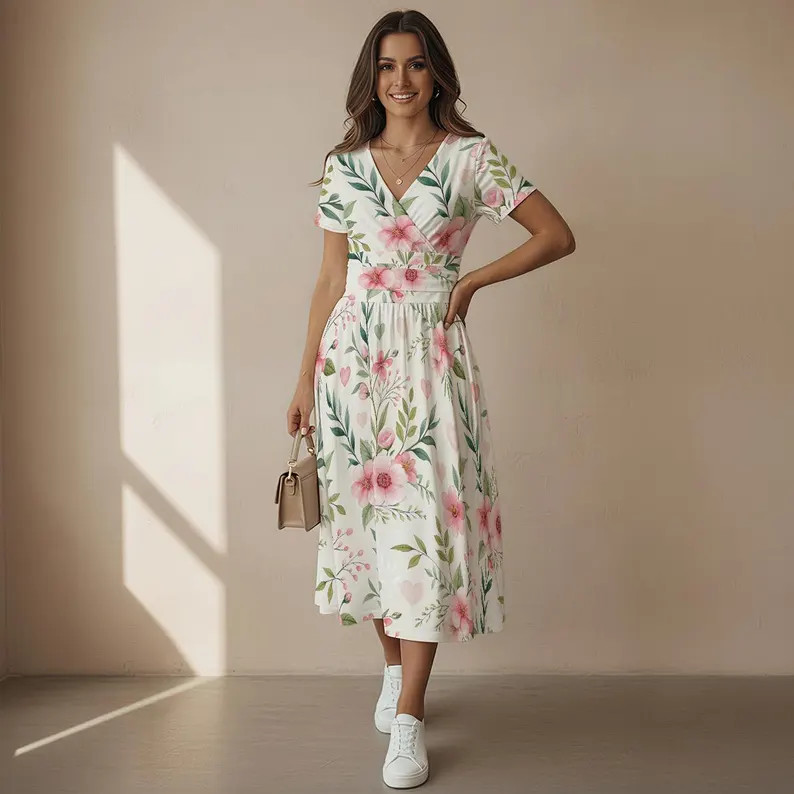 Floral Midi Dress – Elegant V Neck Summer Dress | Etsy (US)