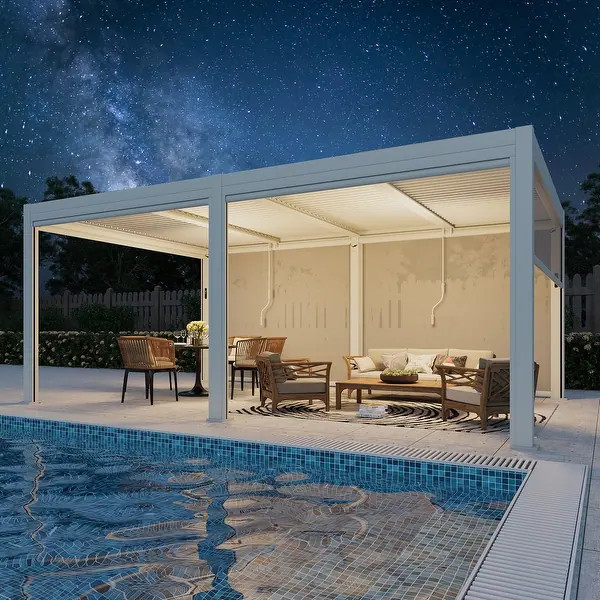 EROMMY Outdoor Louvered Pergola Gazebo with Adjustable Aluminum Rainproof Roof and Pull-Down Scre... | Bed Bath & Beyond