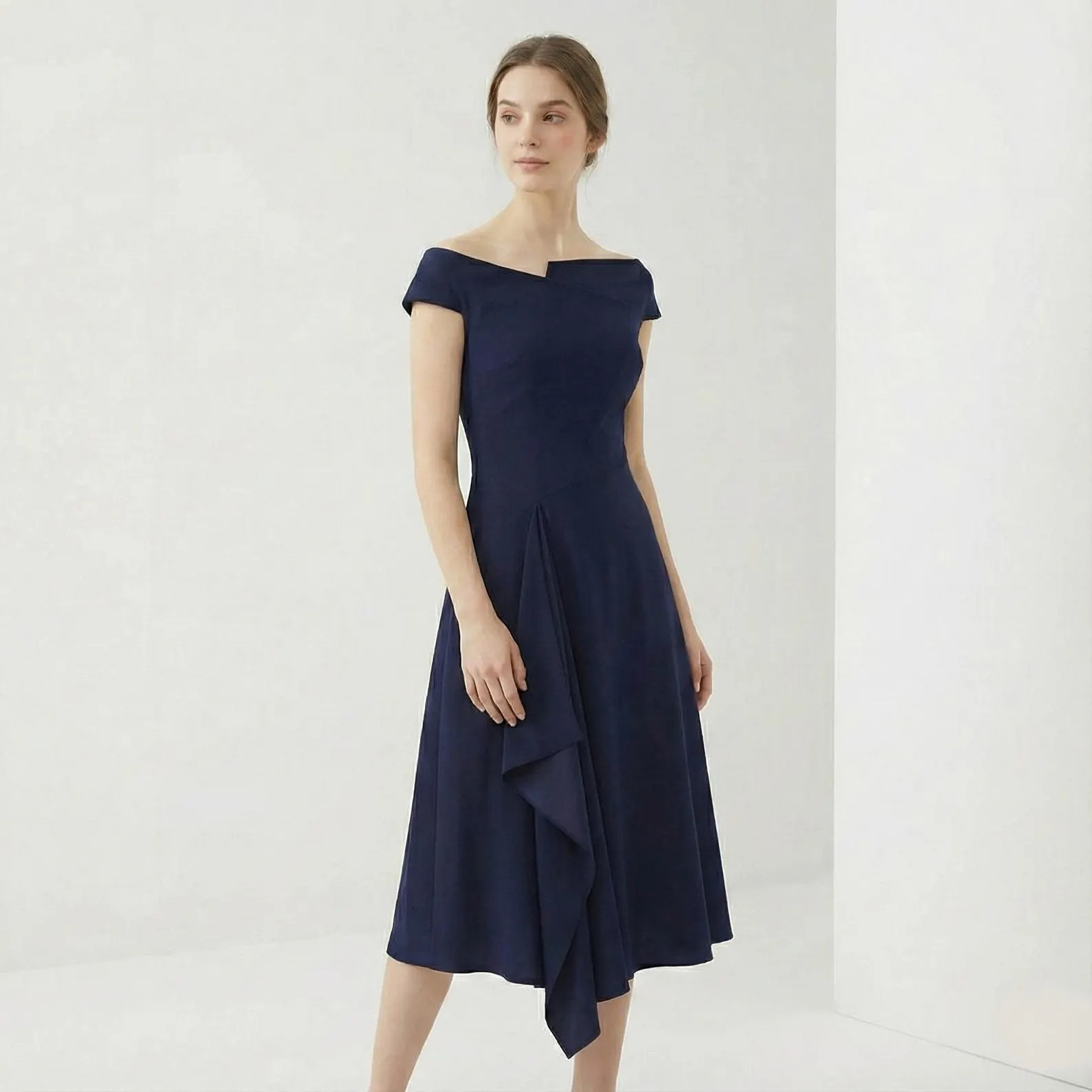 Meghan Markle Navy Barwick Off-Shoulder Dress: Asymmetrical Hem Cocktail Gown, Custom Made | Etsy (US)