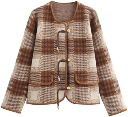 KEOMUD Women Vintage Cardigan Sweater Plaid Knit Jacket with Pockets Elegant Casual Outwear Coat ... | Amazon (US)