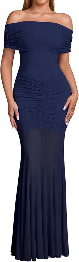 HTZMO Women Sexy Off Shoulder Bodycon Maxi Dress Strapless Ruched Wedding Guest Formal Party Long... | Amazon (US)