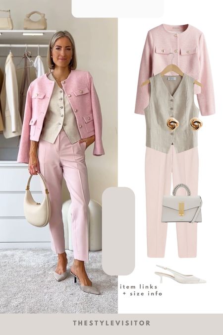 Corporate job but make it pink 🌸 cigarette trousers in size 32, tts 
Waistcoat in size 36, tts
Jacket sold out but linked similar 

‼️Don’t forget to tap 🖤 to favorite this post and come back later to shop 

Read the size guide/size reviews to pick the right size.