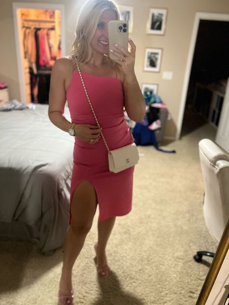 Headed to a work event! Pink dress is a size medium, comes in several colors and paired with my designer shoes ans purse! 

#LTKParties #LTKShoeCrush #LTKMidsize