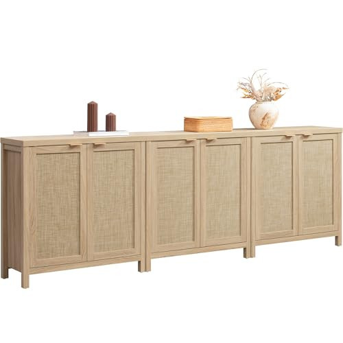 SICOTAS Rattan Cabinet Sideboard Buffet Storage Cabinet - 3 Pieces Farmhouse Boho Credenza Coffee Bar Cabinet with Rattan Decorated Doors for Kitchen Living Room - Light Oak | Amazon (US)
