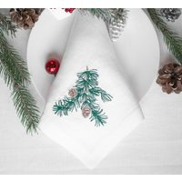 Christmas Linen Napkins Pine Cone Embroidered, Holiday With & Fir-Tree Branches Embroidery, Xmas Napkins, Gift | Etsy (US)