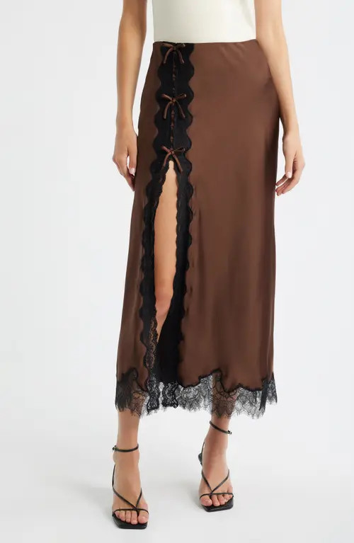 LoveShackFancy Calder Lace Trim Satin Midi Skirt in Chocolate Brown at Nordstrom, Size Large | Nordstrom