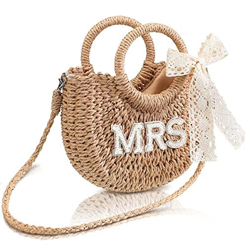 Pinkunn Bride Gift Bride Straw Purse Mrs Handwoven Bag Rhinestone Letter Bag Bachelorette Honeymoon Wedding Bridal Shower(MRS) | Amazon (US)